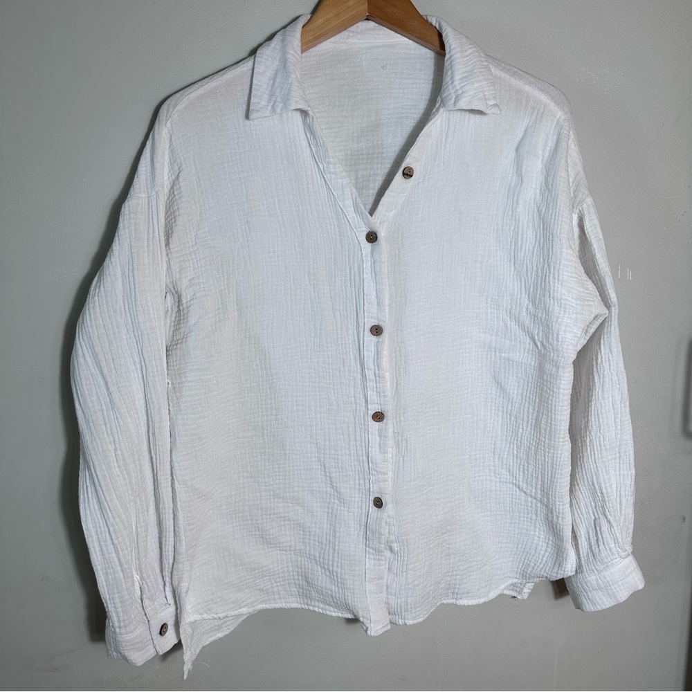 White Button-Up Long Sleeve 100% Cotton Gauze Shirt